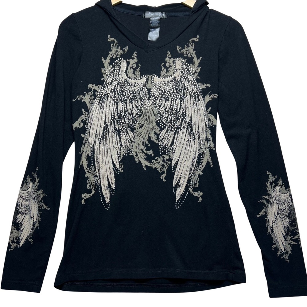Los Angeles Bus Stop Y2K Black Angel Wings Hoodie Rhinestones Long Sleeve M